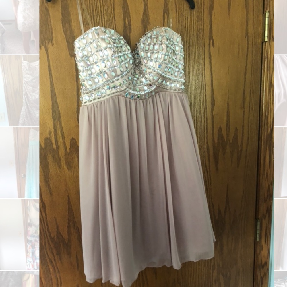 Strapless blush colored beaded bodice dress